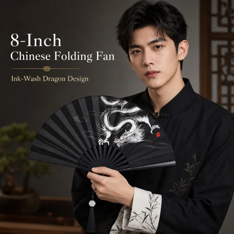 8 Inch China-Chic Fan Guofeng Folding Fan Double Sided Silk Ink Painting Chinese Fan With Tassel Antique Male Folding Fan Peaceful Pleasures Health and Wellness
