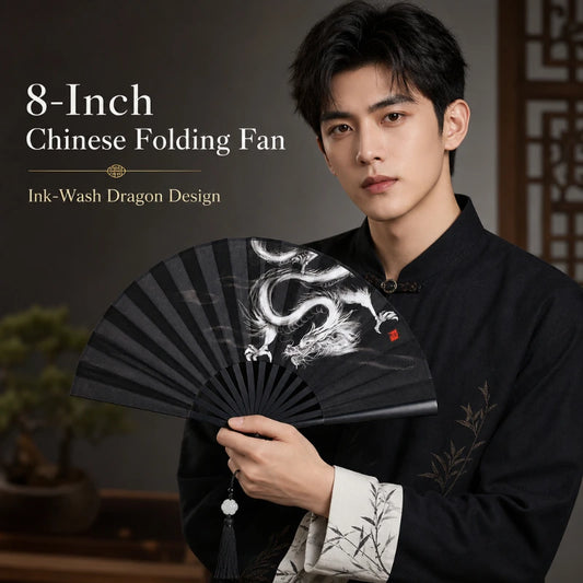 8 Inch China-Chic Fan Guofeng Folding Fan Double Sided Silk Ink Painting Chinese Fan With Tassel Antique Male Folding Fan Peaceful Pleasures Health and Wellness