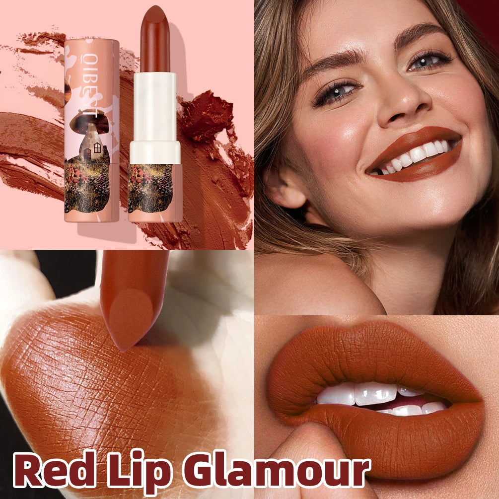 QIBEST Fantasy 6 colors Mushroom Lipstick Makeup Long Lasting Velve Red Sexy Lip Tint Moisture Nude Lip Gloss Women Cosmetics Peaceful Pleasures Health and Wellness