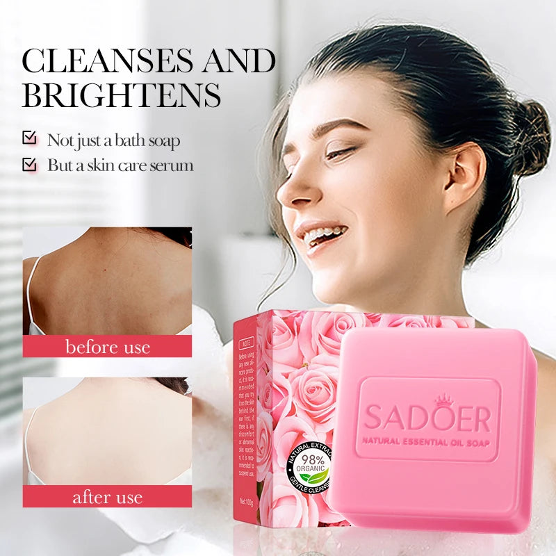 SADOER Rose Essential Oil Foaming Face & Body Soap Bar Foaming Cleansing Soap Peaceful Pleasures Health and Wellness Rose