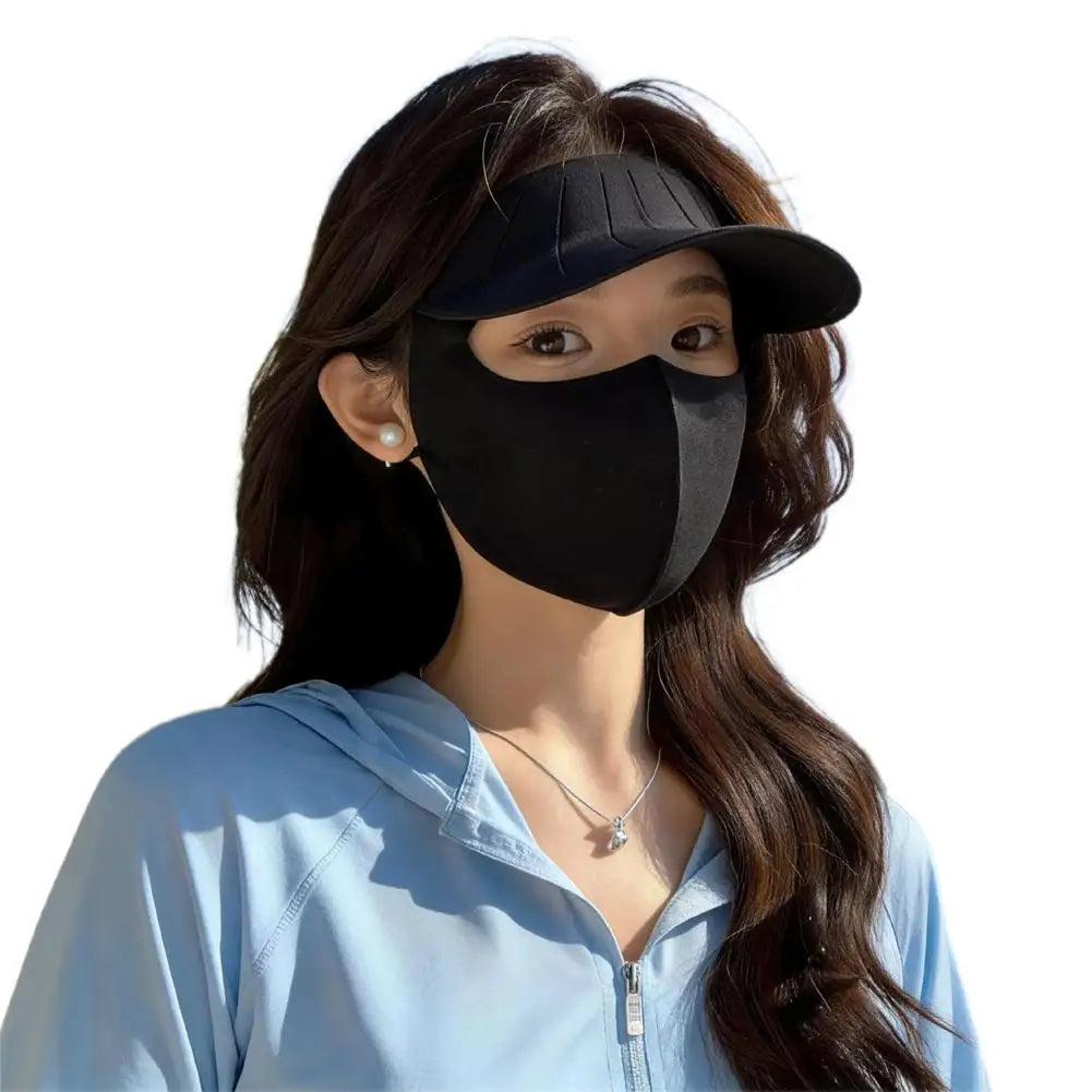 Sun Hat Face Cover Set UPF50+ UV Protection Breathable Traceless Sun Hat Large Brim Women Sun Hat Korean Style Seamless Visor Peaceful Pleasures Health and Wellness Black