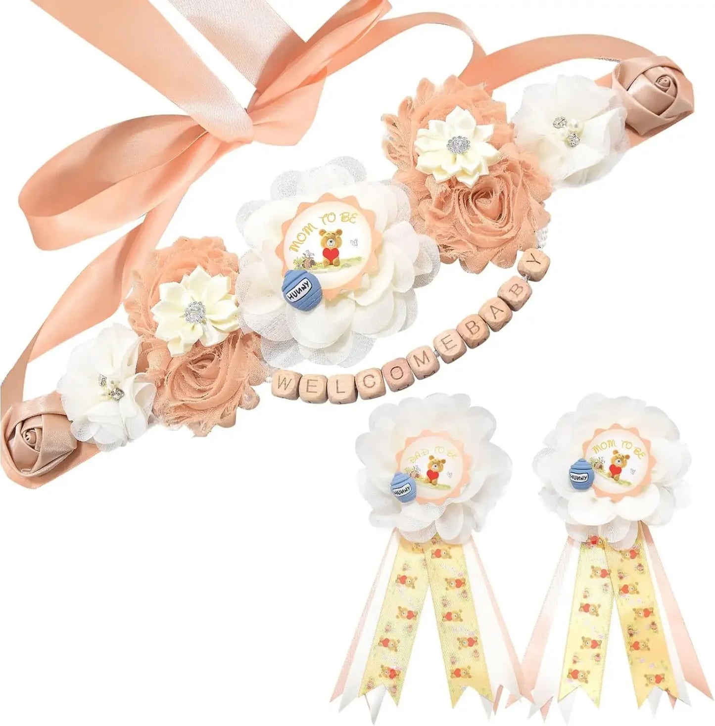 Flower Sash Set-Baby Shower Mom to Be Daddy to Be Corsage Pin- Belt for Maternity Dress Photo Props حزام Пояс Cinturón Ceinture Peaceful Pleasures Health and Wellness colors 12