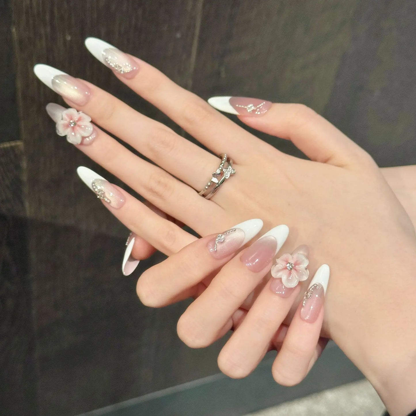 10pcs Handmade Press on Nails White French Cat Eye Fake Nails with 3d Carving Flowers Wearable Reusable Ins Simple False Nails Peaceful Pleasures Health and Wellness L 1