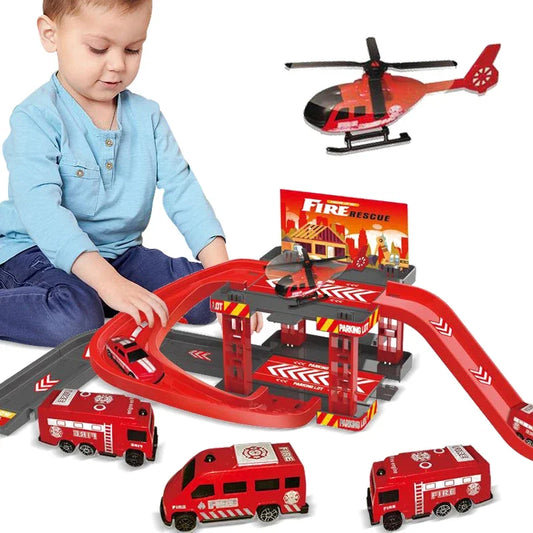 Dinosaur Parking Lot Toy Set – Fire, Police & Engineering Cars Vehicle Parking Play Set Oasis Select