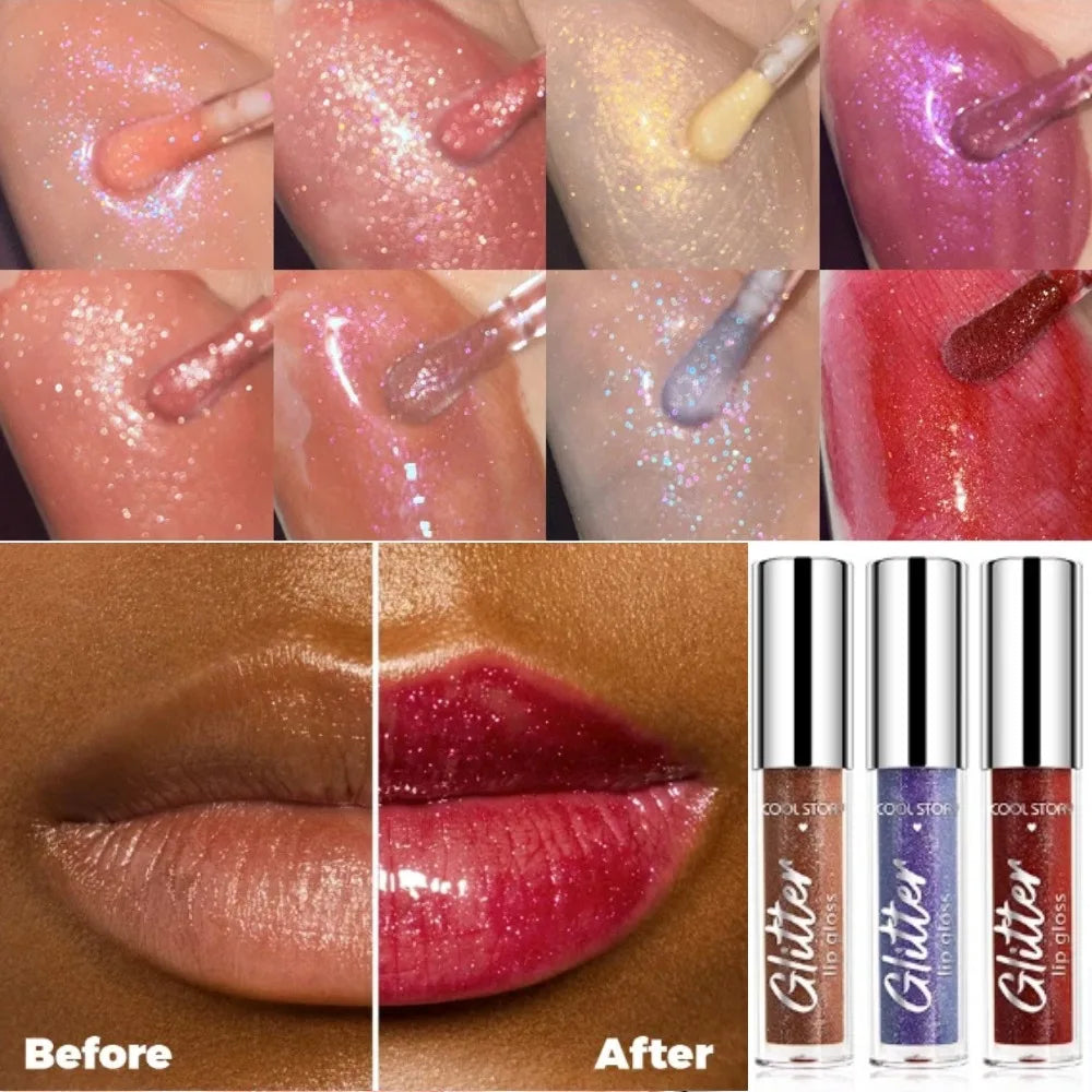 8-Color Glitter Lip Gloss | High Shine Pearl Lip Glaze with Sparkle
