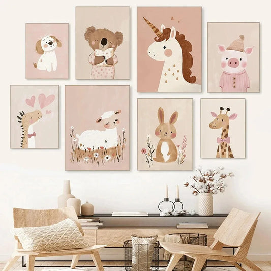 Nordic Pink Fox & Unicorn Canvas Wall Art | Cute Cartoon Print Canvas Wall Art Print Peaceful Pleasures Health and Wellness