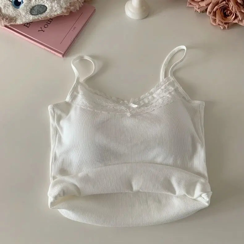 Women's Bow Lace Corset Camisole Crop Top with Chest Pad