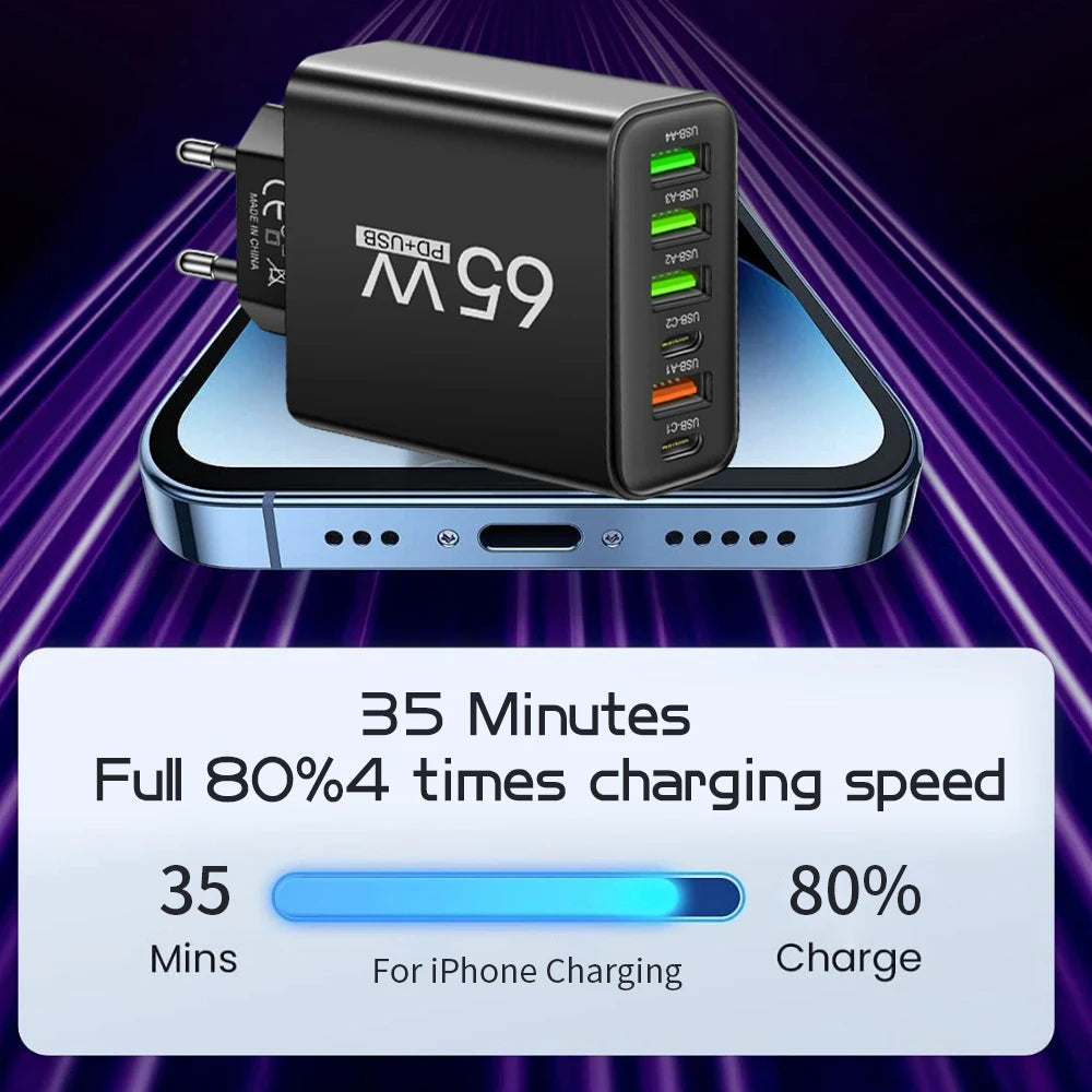 65W 6-Port USB-C Fast Wall Charger | iPhone Samsung Xiaomi