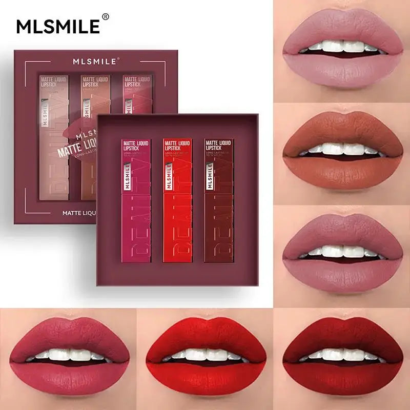 MLSMILE 3-Piece Matte Velvet Lip Gloss Set – 16Hr Wear