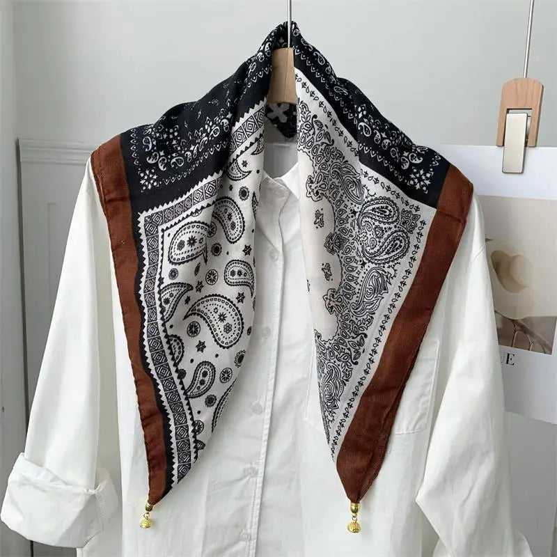 70x70 Retro Print Square Silk Scarf with Magnetic Buckle