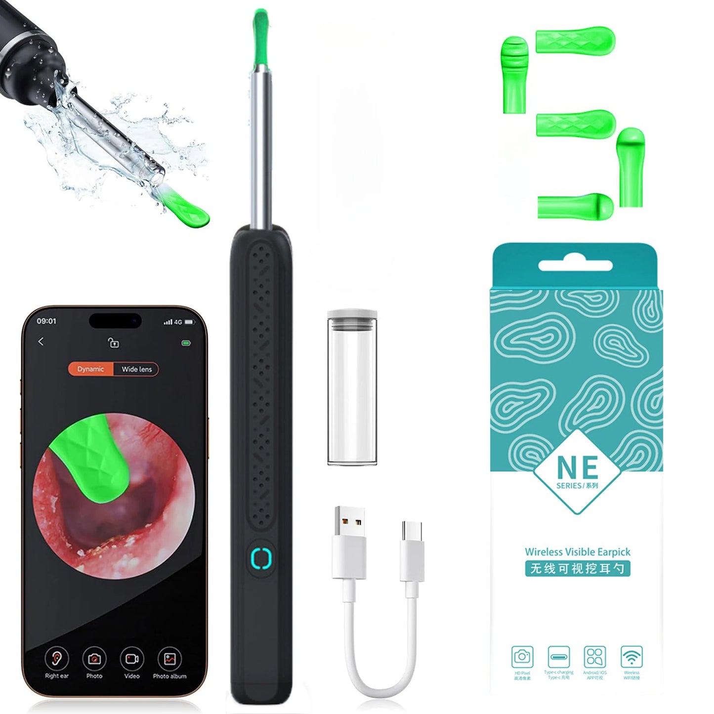 Ear Wax Removal with 6 Pcs Ear Set Ear Canal Cleaner with HD 1080P Camera Ear Cleaning Kit Otoscope for IOS & Android Peaceful Pleasures Health and Wellness NE3-C-Black