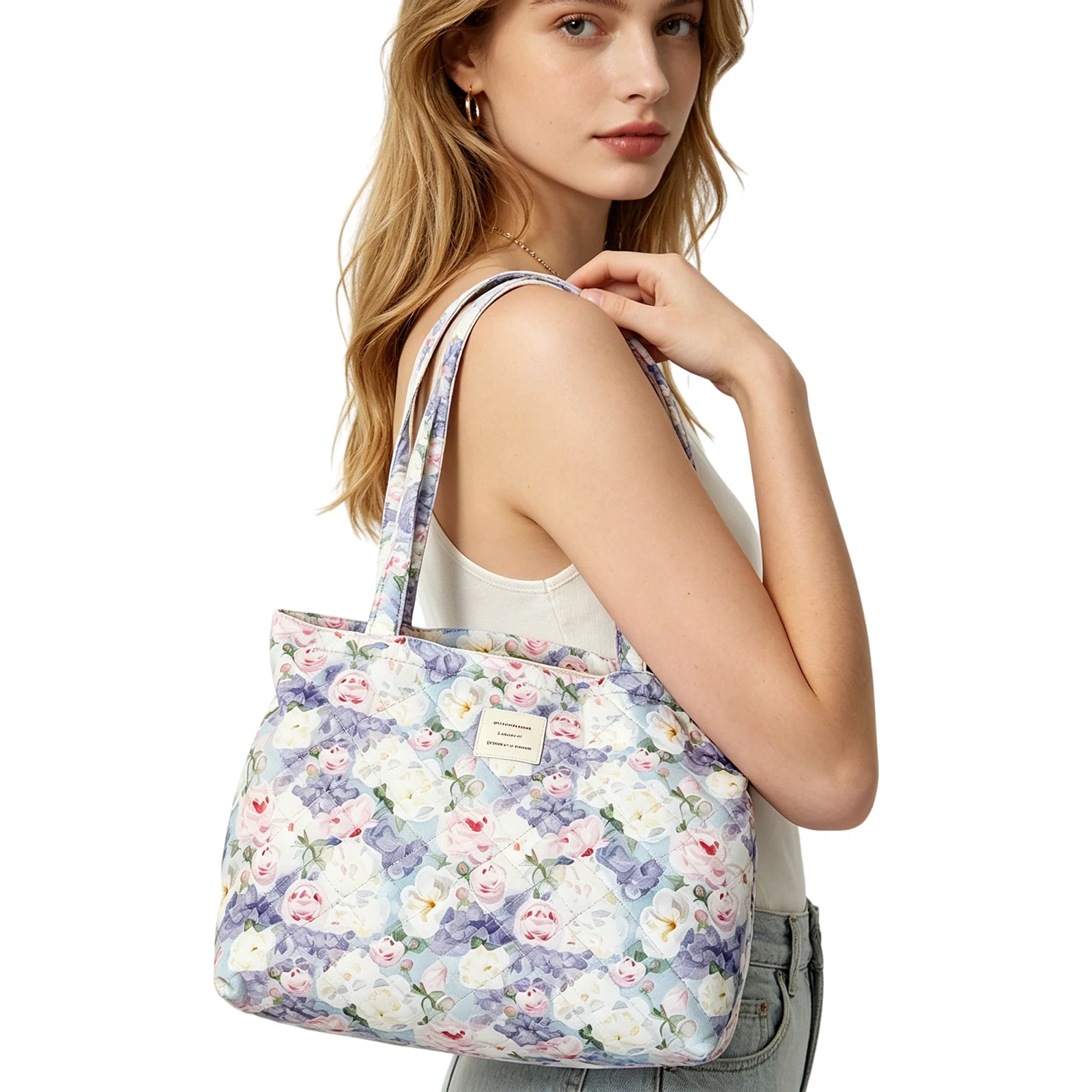 Women Quilted Cotton Laptop Work Tote Bag Lightweight Flower Print Shoulder Bags French Styles Armpit Bags for Daily Travel Work Peaceful Pleasures Health and Wellness