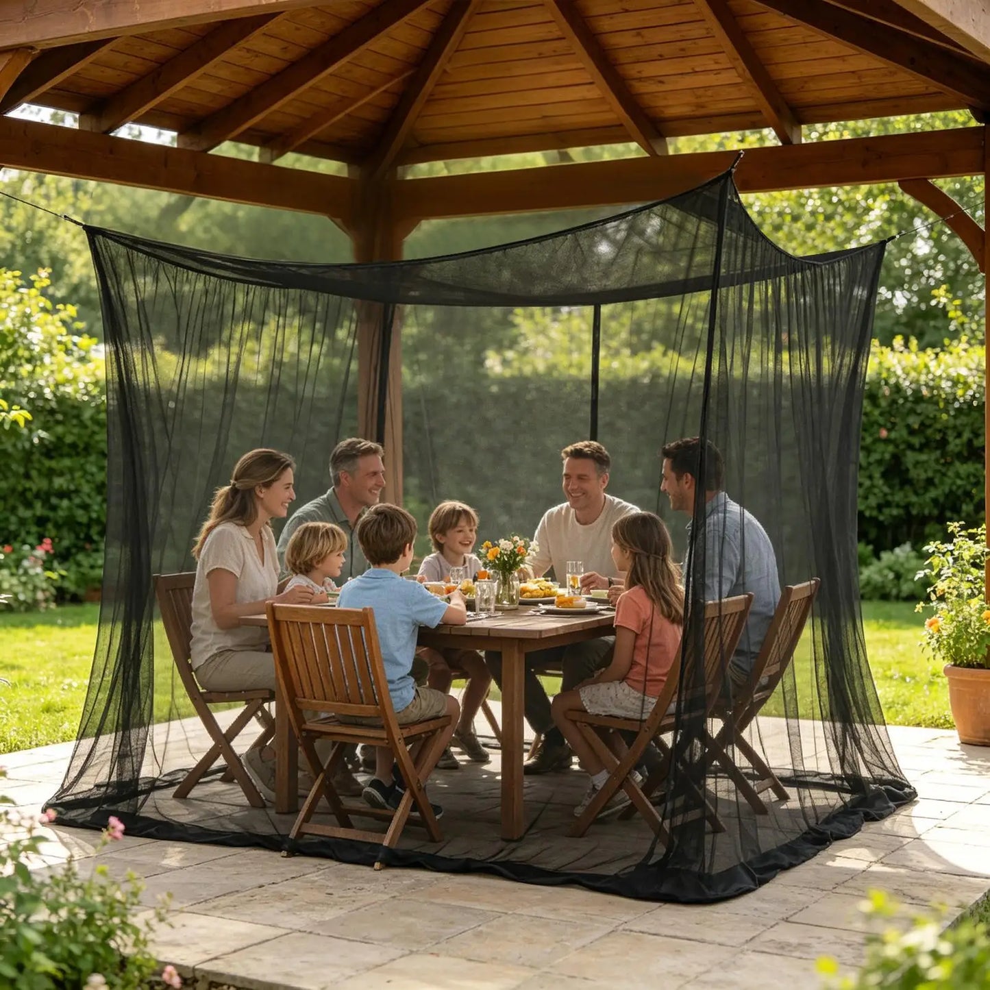 Patio Netting 9.84x9.84x8.2ft Portable Square 4 Corner Mesh Drapes Camping Cot Mosquito Net For Tables Chairs Under Gazebo Peaceful Pleasures Health and Wellness