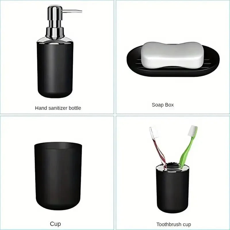 4pcs Bathroom Set, Plastic Gift Set, Toothbrush Holder, Toothbrush Cup, Soap Dispenser, Soap Dish (Gray, Black) Peaceful Pleasures Health and Wellness