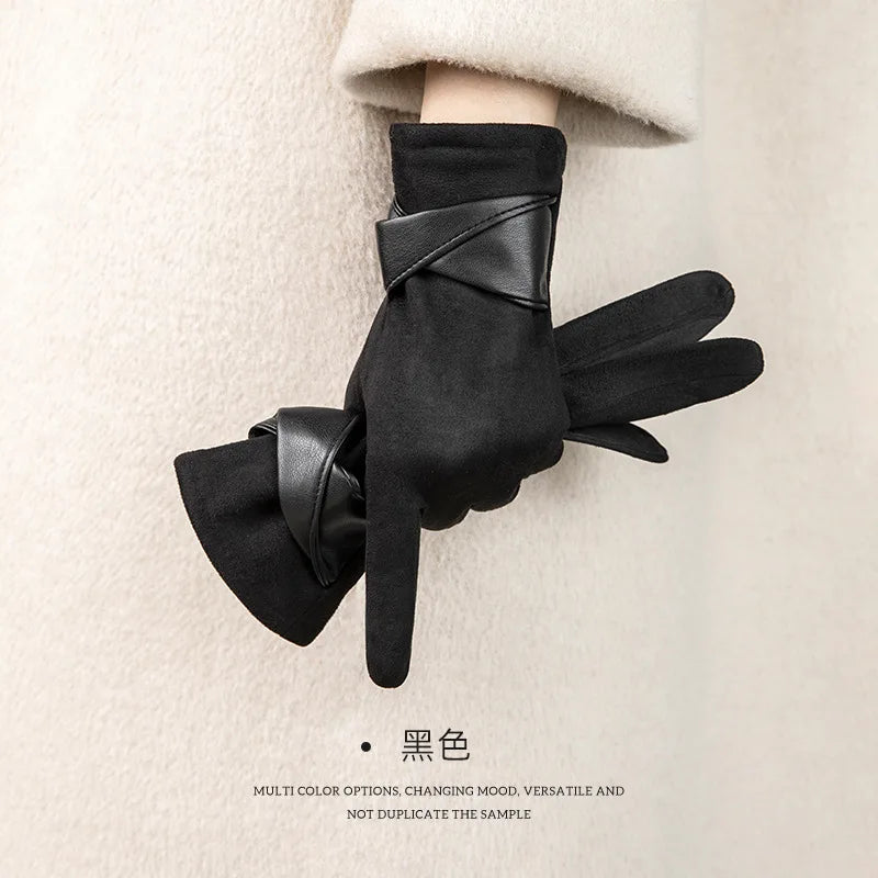 Women's Suede Touchscreen Winter Gloves – Warm Velvet Bow