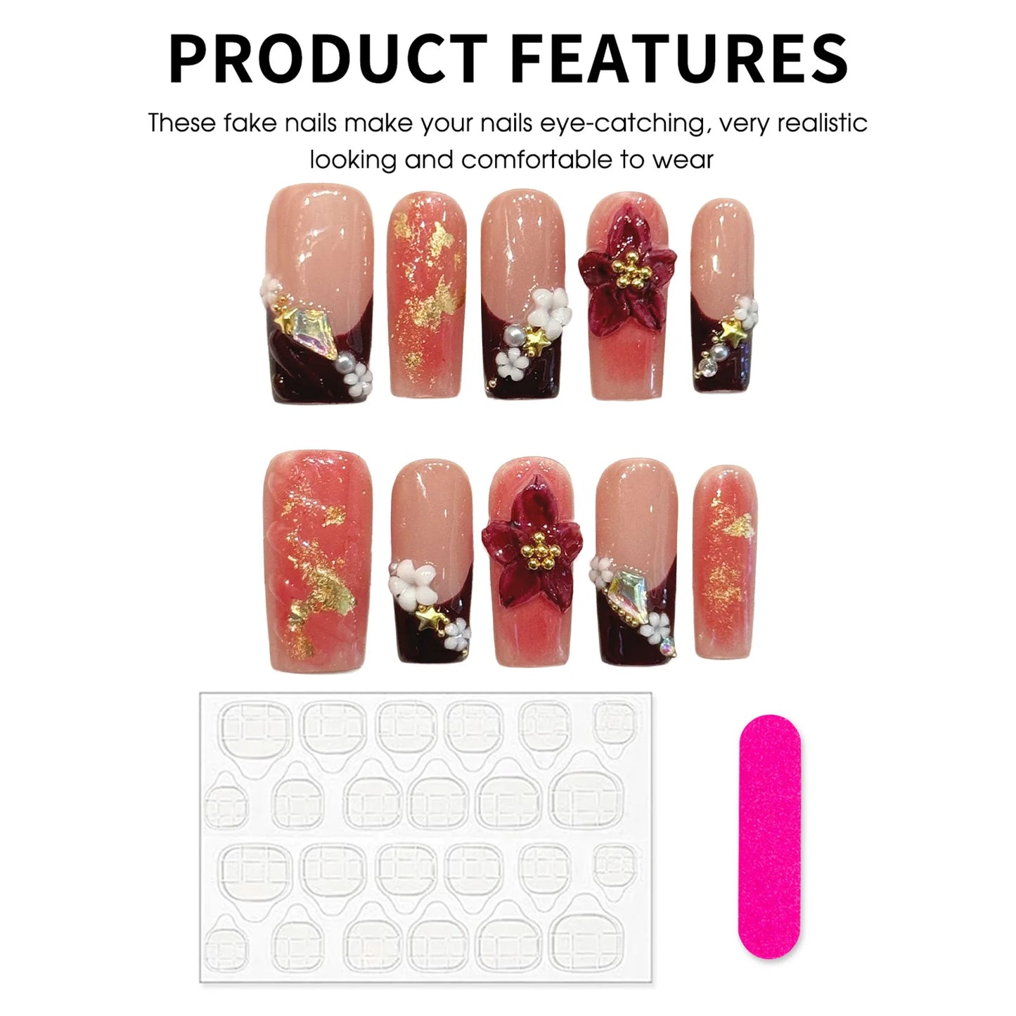 Wine Red French Press On Nails | 3D Sakura & Gold Foil – 10pc