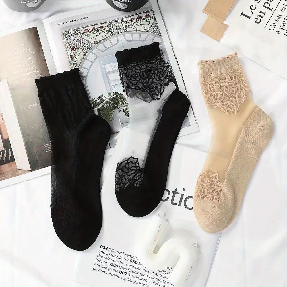 3 Pairs Women Sheer Lace Ankle Socks Thin Transparent Floral Mesh Short Socks Breathable Non-Slip Summer Dress Socks for Flats Peaceful Pleasures Health and Wellness