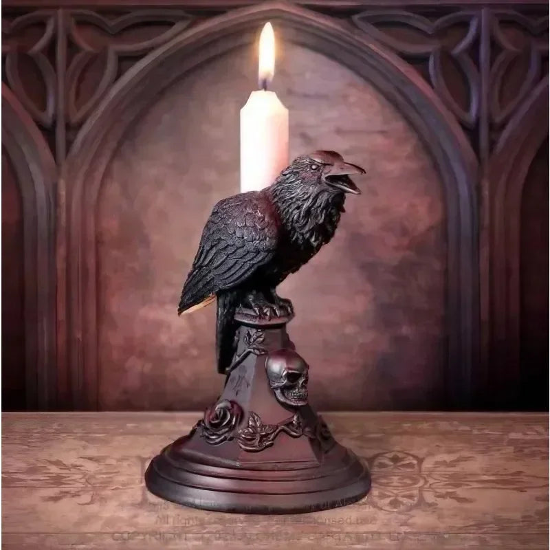 Gothic Halloween Owl & Raven Candle Holder Tabletop Ornament