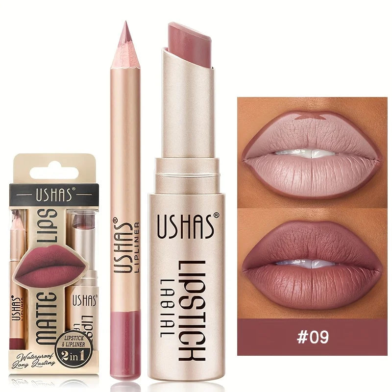 USHAS 12-Color Matte Lipstick & Lip Liner Set – Waterproof