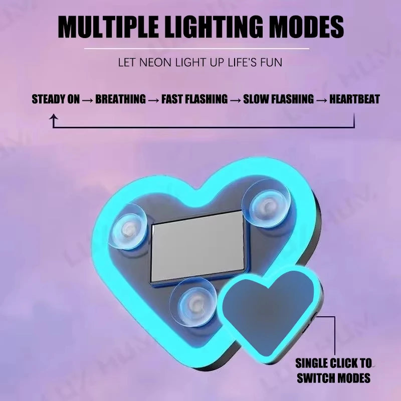 Solar Powered Car Neon Light Wireless Cute Double Heart Shaped Led Ambient Light Suction Cup Atmosphere Breathing Lamp Peaceful Pleasures Health and Wellness