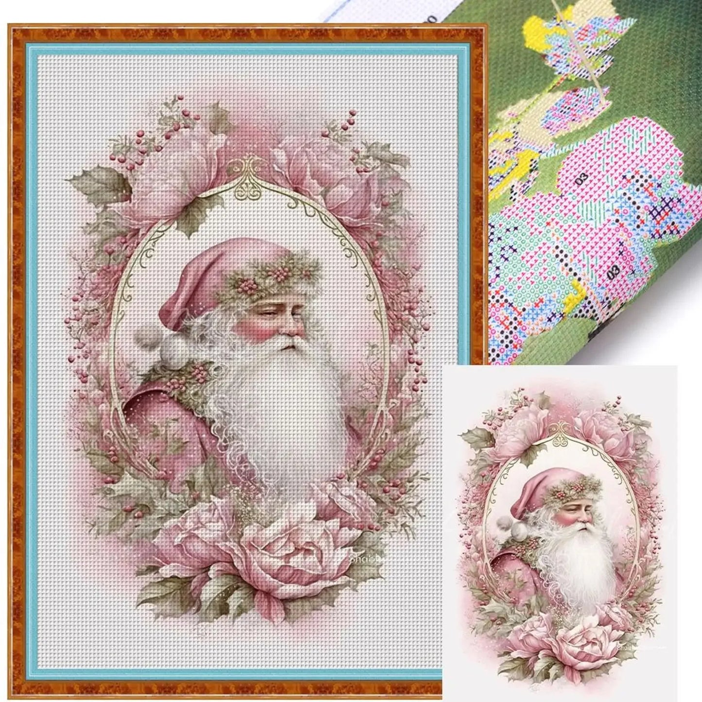 Full Embroidery cotton Thread 14CT Printed Pink Santa Cross Stitch 45x65cm Peaceful Pleasures Health and Wellness