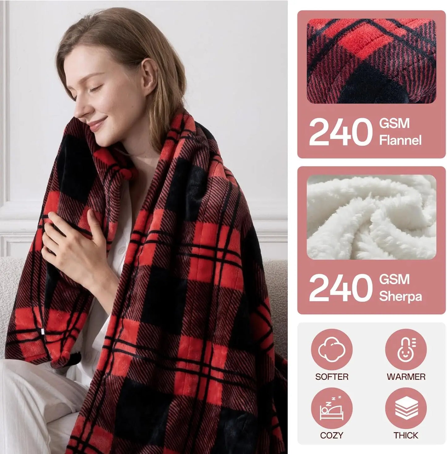 Twin Electric Heated Blanket – 240GSM Flannel & Sherpa, 8 Levels, Red Black Plaid Peaceful Pleasures Health and Wellness