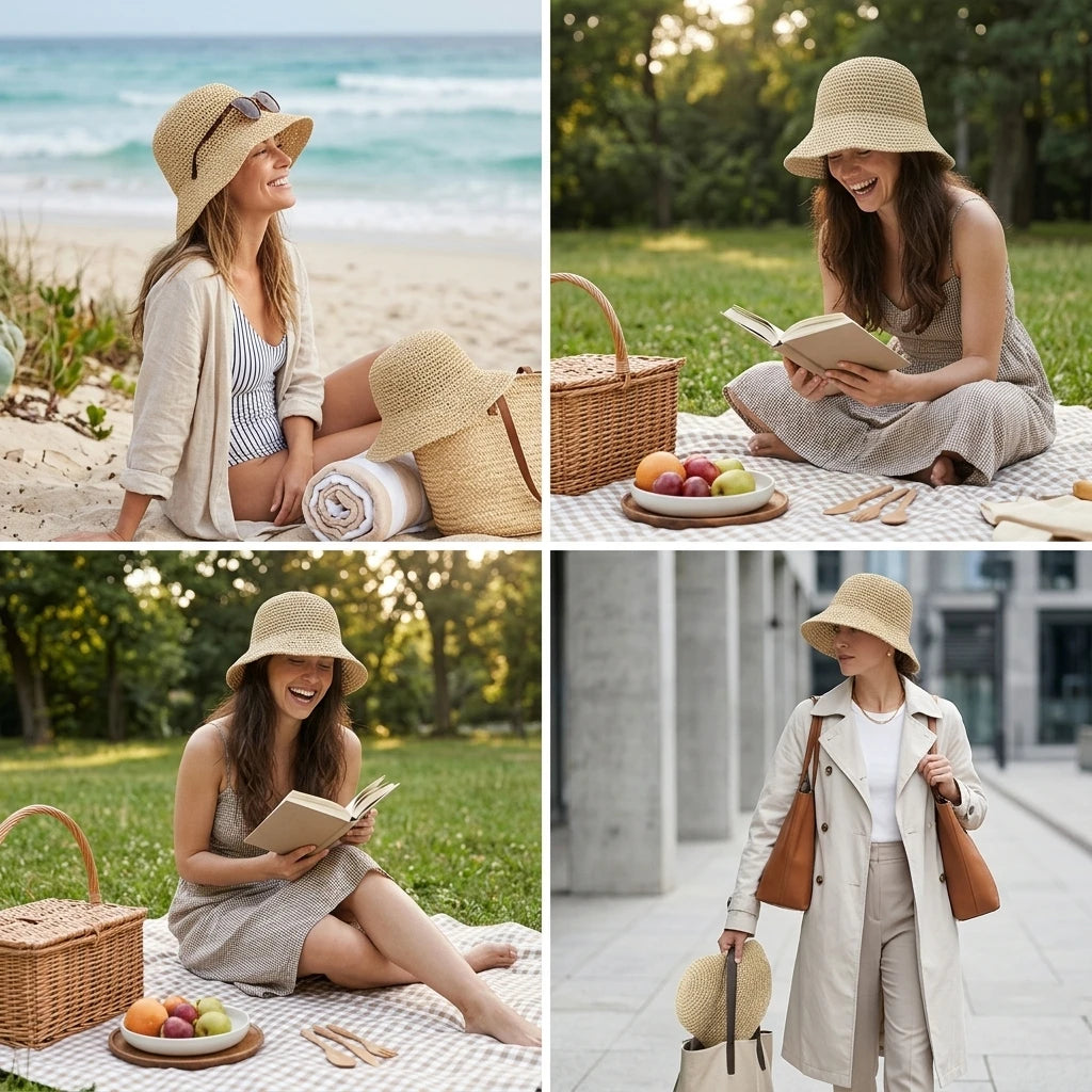 Women Foldable Straw Fisherman Hat Wide Brim for Sun-Protection Beach Travel Peaceful Pleasures Health and Wellness