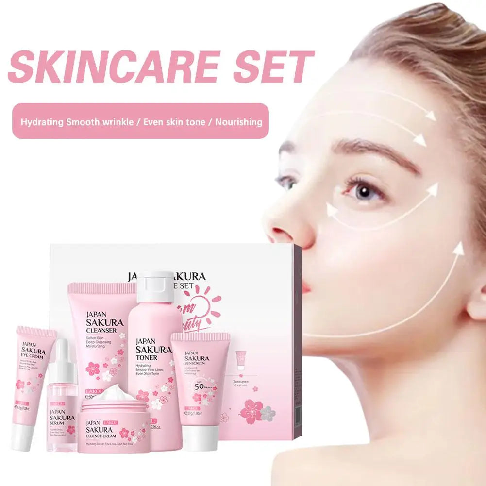 Sakura 6-Piece Skin Care Set – Cleanser, Toner, Serum, Eye Cream, Moisturizer & Sunscreen Peaceful Pleasures Health and Wellness