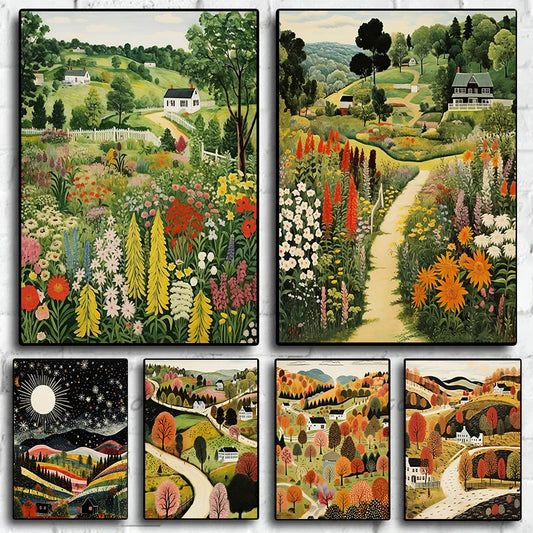 Country Road Church and Community Poster Landscape Scenery Canvas Painting American Folk Wall Art Picture Living Room Home De Peaceful Pleasures Health and Wellness