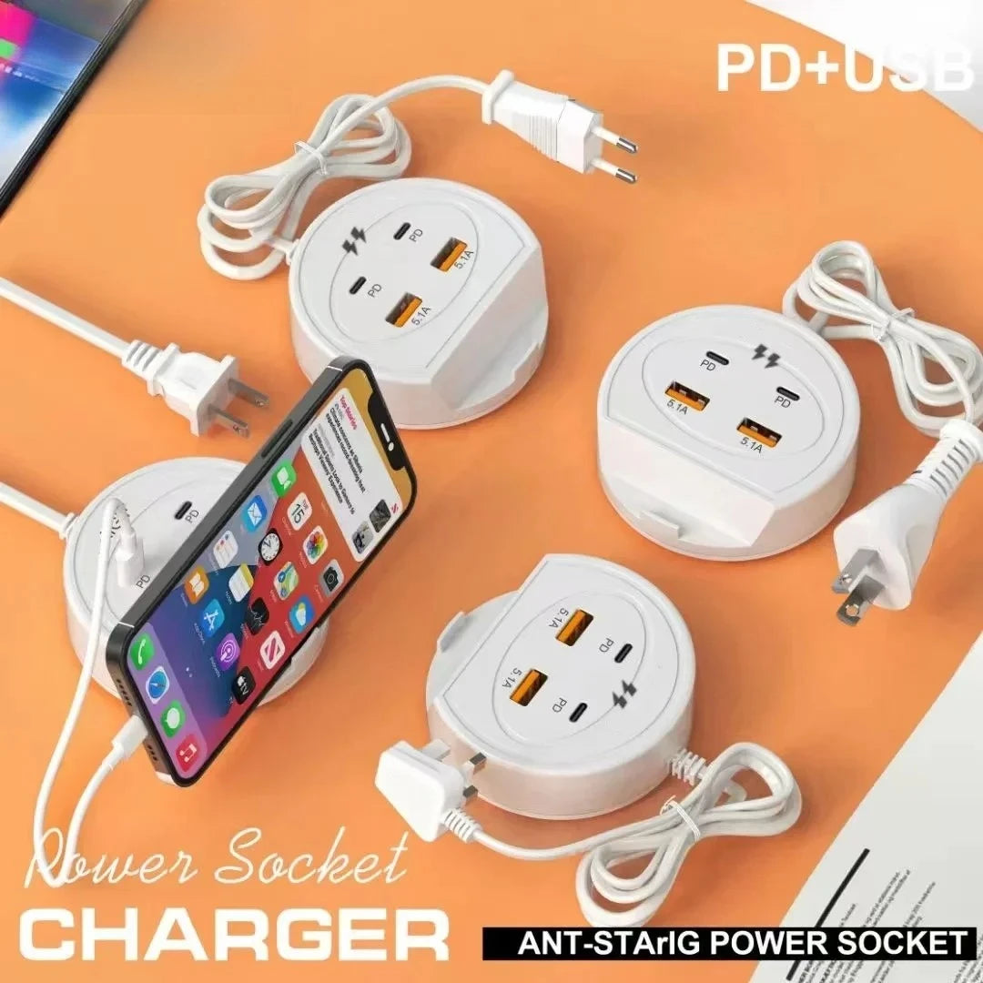 5-in-1 Power Strip with 4 Ports Phone Holder, EU/UK/US Universal Socket Multi-Device Fast Charging Station for iPhone 16 Samsung Peaceful Pleasures Health and Wellness