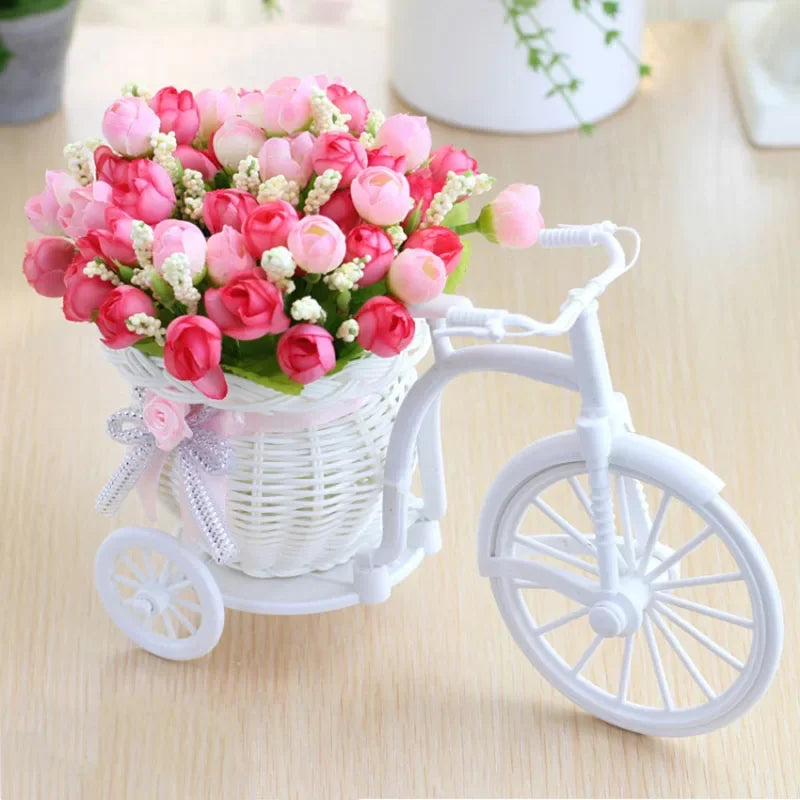 Silk Rose Artificial Flowers Bicycle Vase Desktop Bonsai Decor