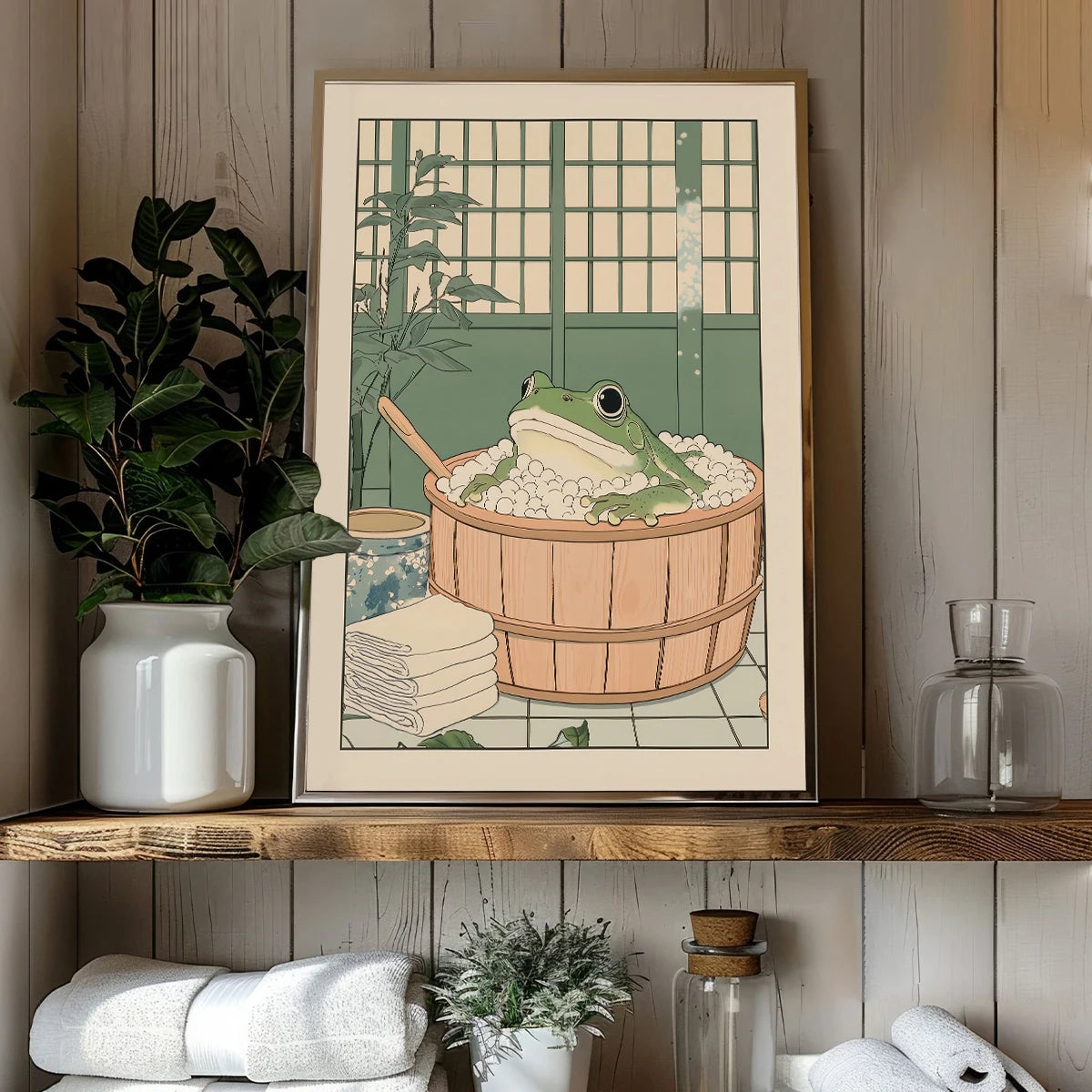 Japanese Frog in a Bathtub Vintage Canvas Wall Art | Unframed