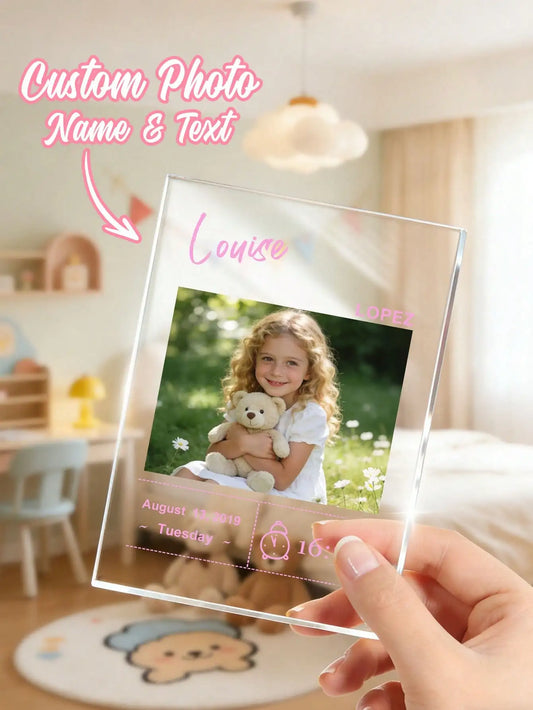 Custom Engraved Baby Photo Acrylic Frame | Newborn Keepsake Personalized Acrylic Frame Peaceful Pleasures Health and Wellness Pink W12xH16CM