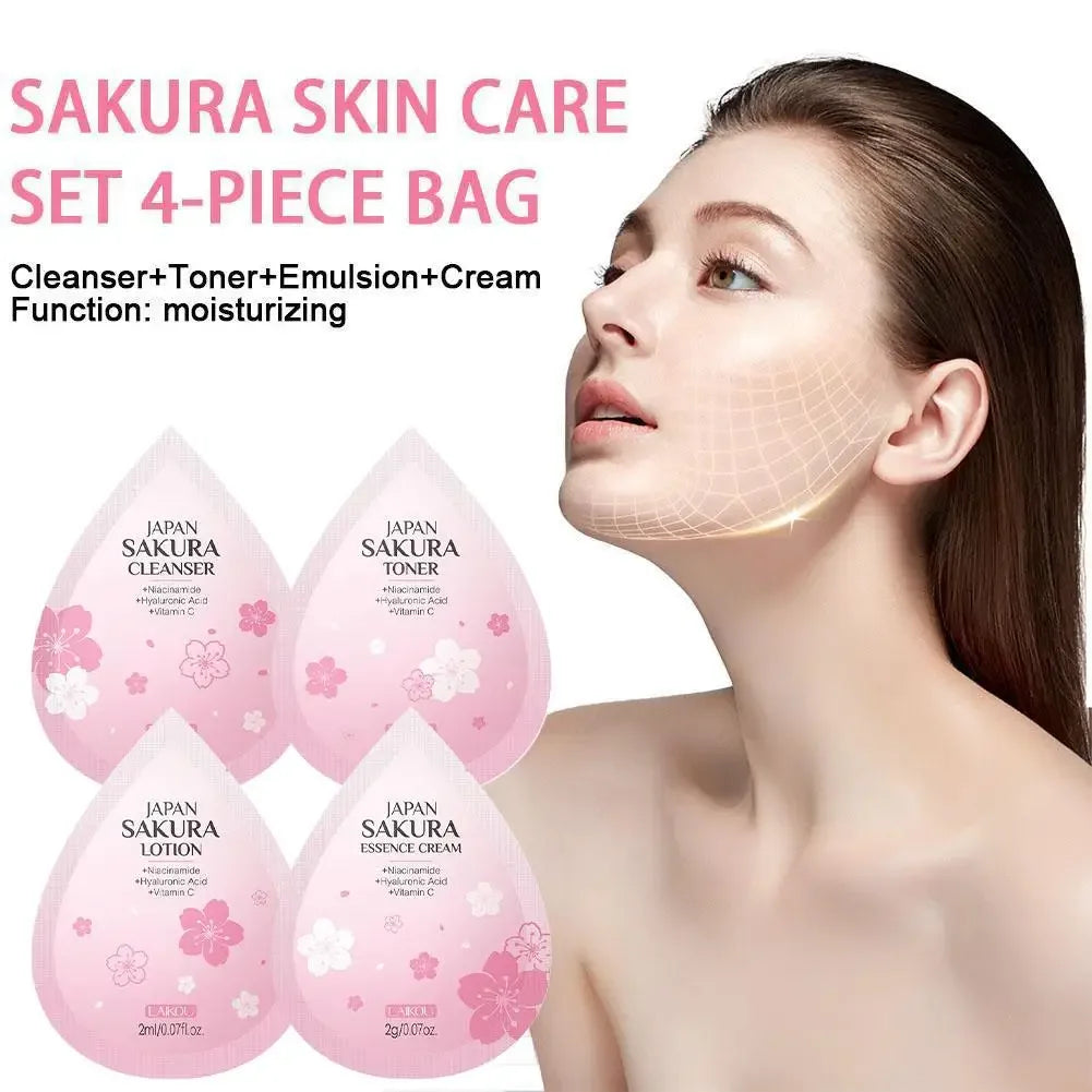 Japan Sakura 4pcs Travel Size Skin Care Kit, Brightening Moisturizing Anti-Oxidation, Portable Complete Facial Care For Women Peaceful Pleasures Health and Wellness