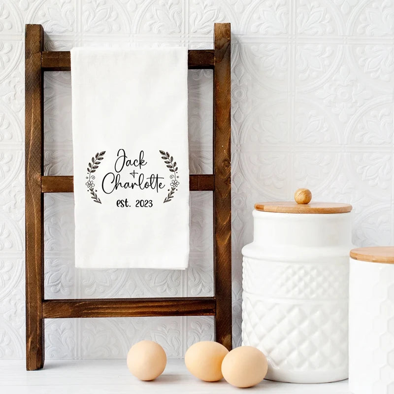 Personalised Couple Name & Date Cotton Tea Towel | Wedding Gift Personalised Tea Towel Peaceful Pleasures Health and Wellness