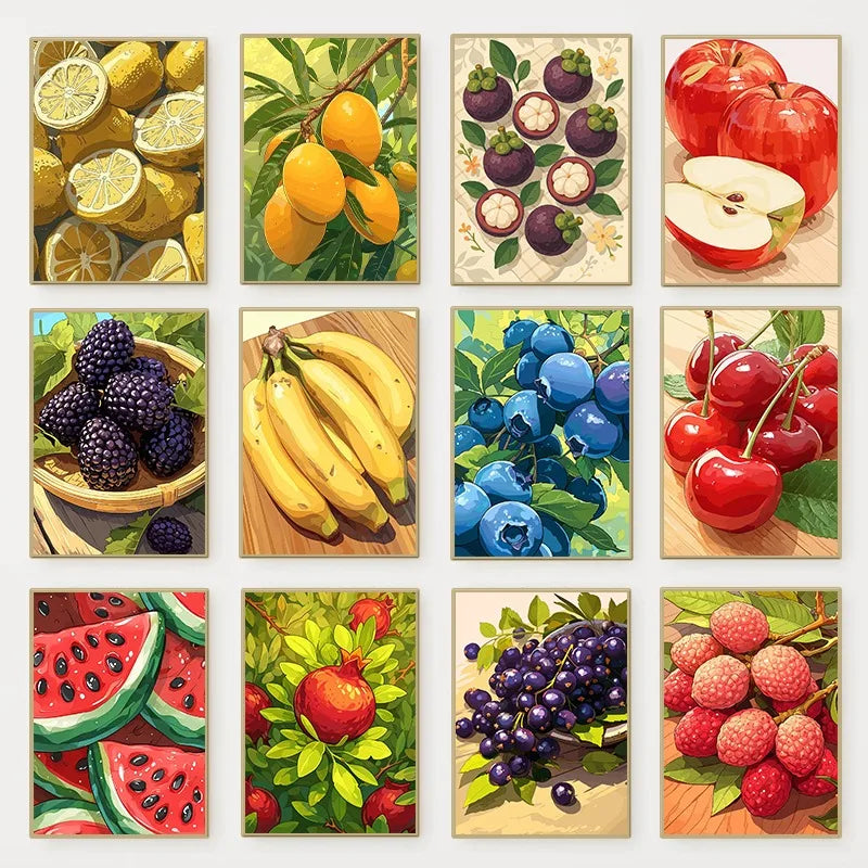 Colourful Fruit Still Life Illustration Poster Banana Strawberry Lemon Lychee Canvas Painting Wall Art for Fruit Shop Home Decor Peaceful Pleasures Health and Wellness