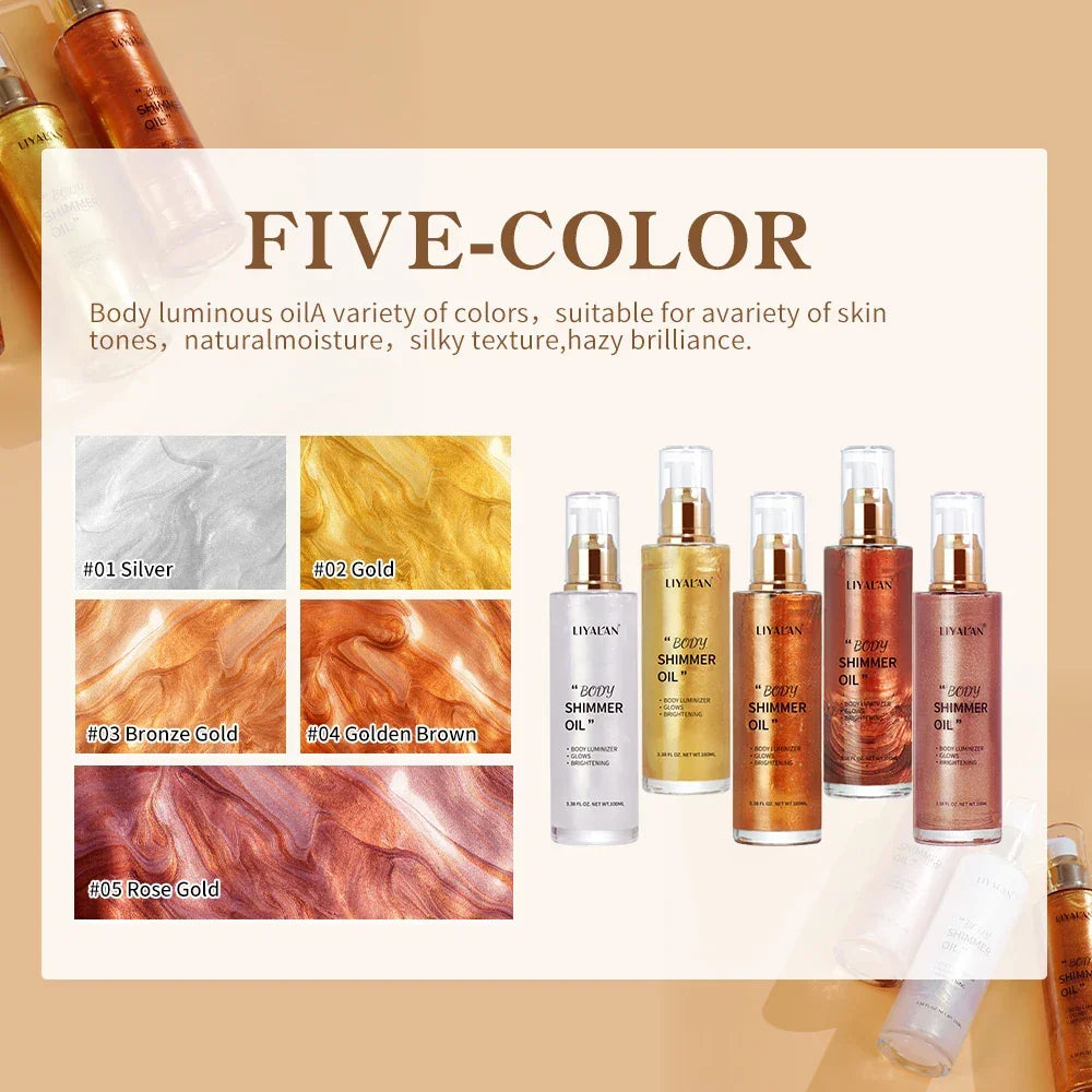 Five-color body oil products with color swatches on a beige background