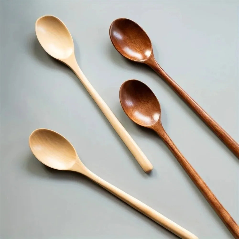 1/2/5pcs Wooden Long handle Spoon Kitchen Natural exquisite Wooden soup spoon Tableware Cooking Honey Coffee Spoon Mixing Spoon Peaceful Pleasures Health and Wellness