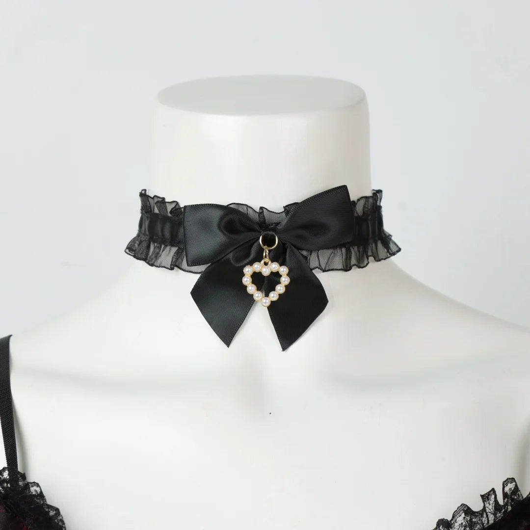UYEE Belt Black Satin Bow Choker Necklace Pearl Heart Pendant