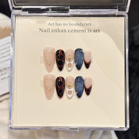 10pcs Handmade Ins Style Press on Nails Gold Stars Decor Y2K Fake Nail Almond Tips Wearable 3D French Leopard False Nails Long Peaceful Pleasures Health and Wellness L