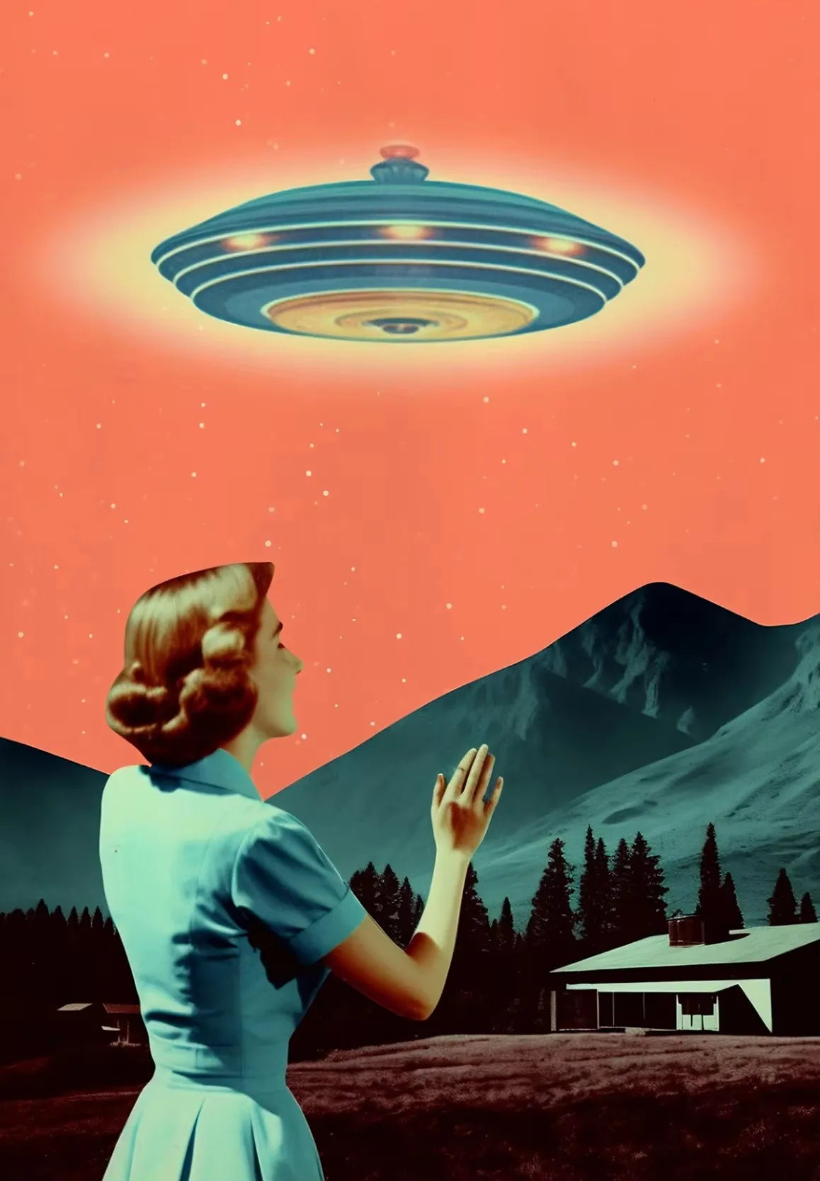 UFO Flying Saucer Alien Drink Coffee Art Print Poster Cow Abduction Canvas Printing Print Retro Sci Fi Wall Art Funny Home Decor Peaceful Pleasures Health and Wellness