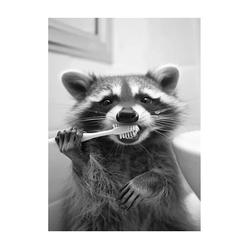 Funny Bathroom Animal Canvas Wall Art | Vintage Brushing Teeth