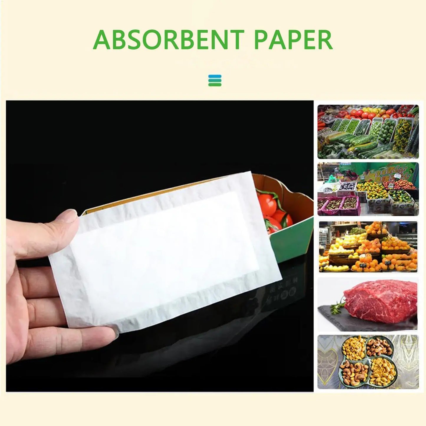100PCS Food Safe Absorbent Pads, Hygienic Dri-Lock Sheets for Meat, Fish, Produce Packaging in Kitchen, Shop & Refrigerator Peaceful Pleasures Health and Wellness