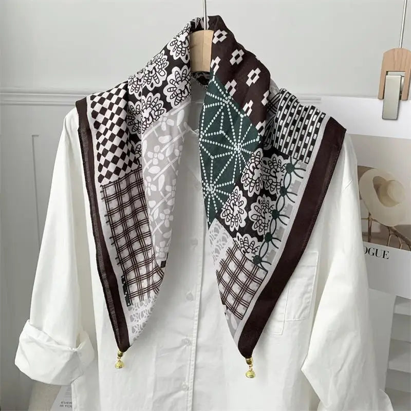 70x70 Retro Print Square Silk Scarf with Magnetic Buckle