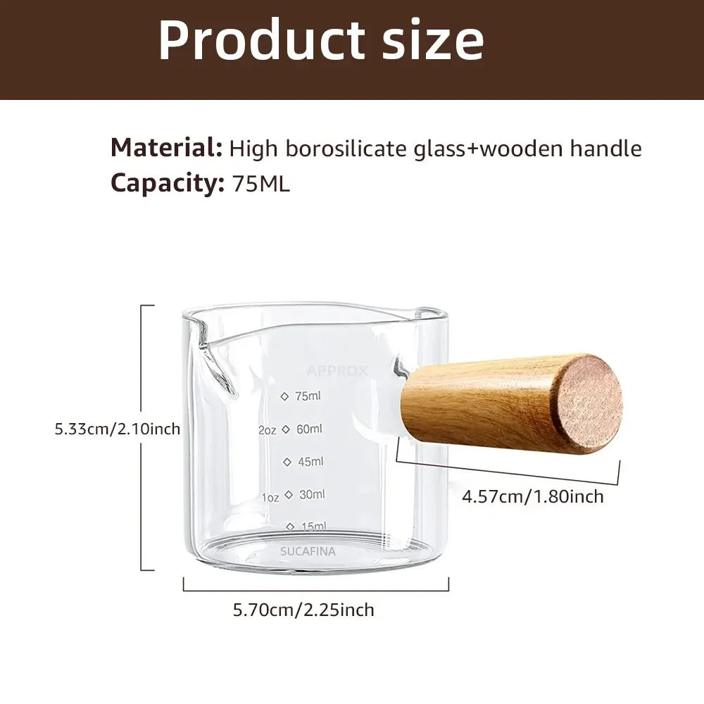 1pc Glass Measuring Cup Wood Handle Glass Espresso Measuring Cup Double Single Mouth Milk Coffee Clear Mug Coffee Supplies Peaceful Pleasures Health and Wellness