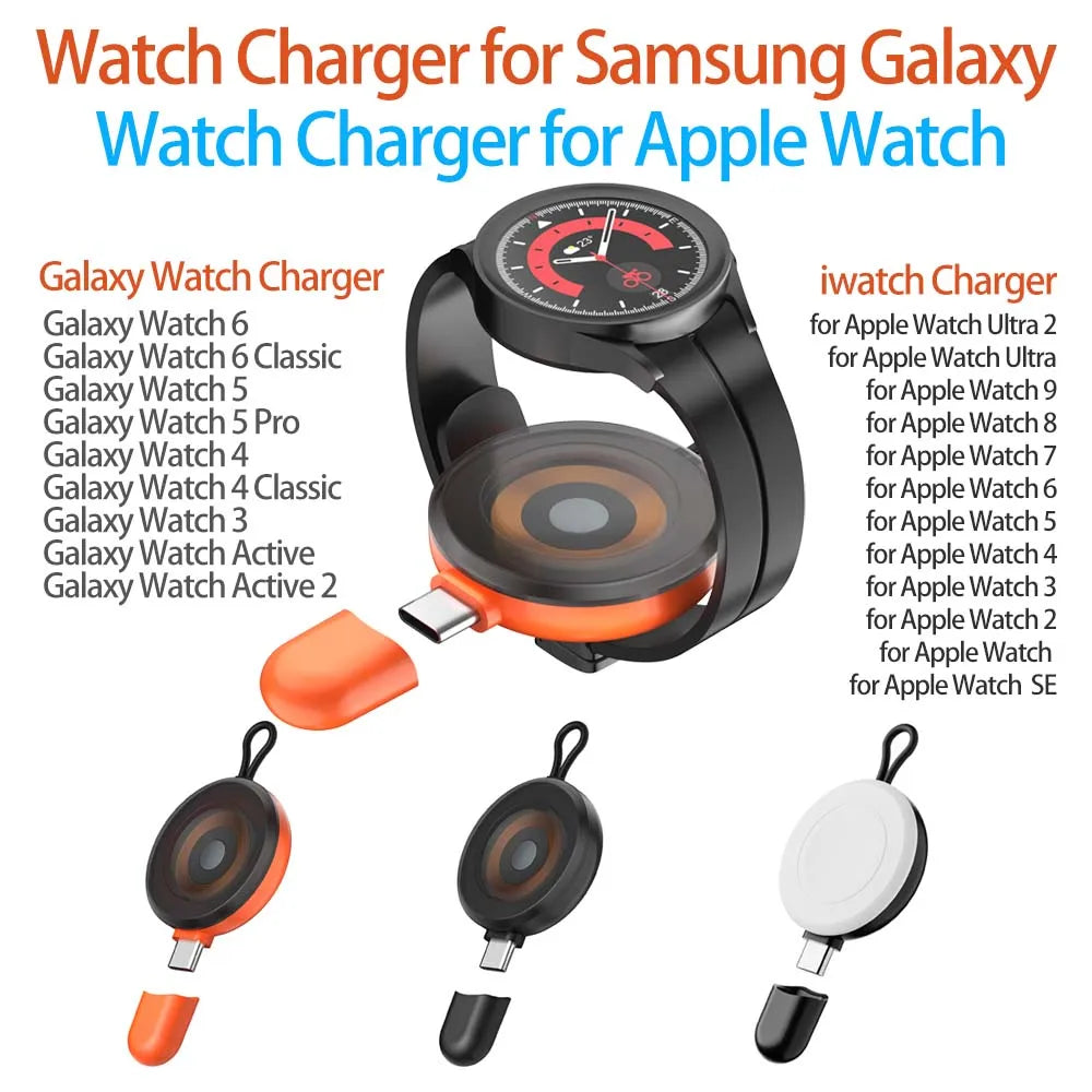 USB C Portable Watch Magnetic Wireless Charger For Apple Watch Ultra 2 3 4 5 6 7 8 9 SE Samsung Galaxy 6 Classic 5 Pro 4 Active Peaceful Pleasures Health and Wellness