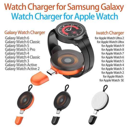 USB C Portable Watch Magnetic Wireless Charger For Apple Watch Ultra 2 3 4 5 6 7 8 9 SE Samsung Galaxy 6 Classic 5 Pro 4 Active Peaceful Pleasures Health and Wellness