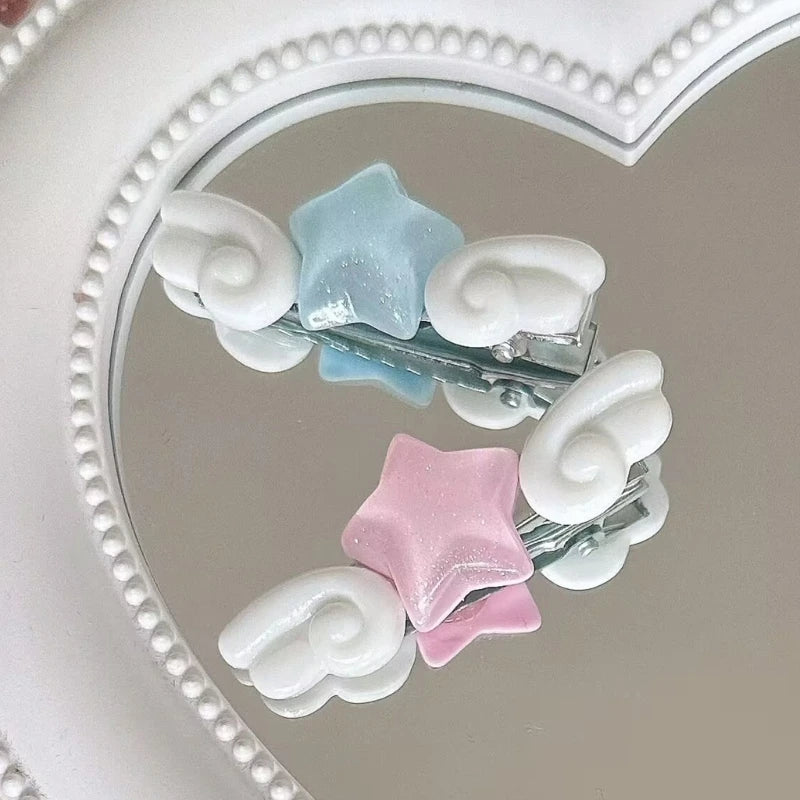 New Jelly Pink Star Wings Hair Clip Cartoon Sweet Versatile Side Clip Hair Accessories Superlatives Duckbill Star Wing Hairpin Peaceful Pleasures Health and Wellness
