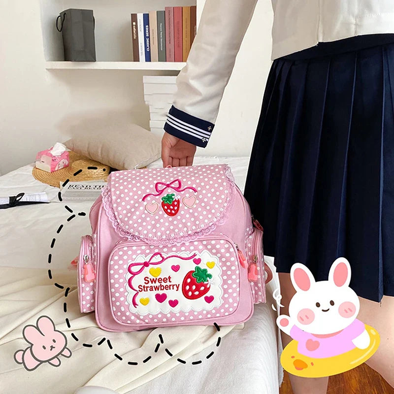 Girls Pink Strawberry Embroidery Canvas Backpack | Kids School Bag