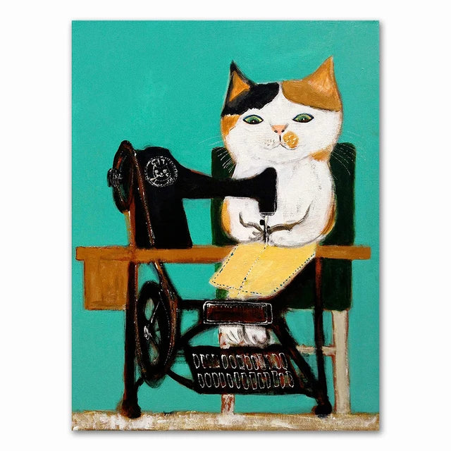 Wall Art Mural Modern Cartoon Cat And Dog Haircut Humor Poster Canvas Painting Hand-Painted Picture Printing Home Room Decor Peaceful Pleasures Health and Wellness 4 40x60cm Unframed